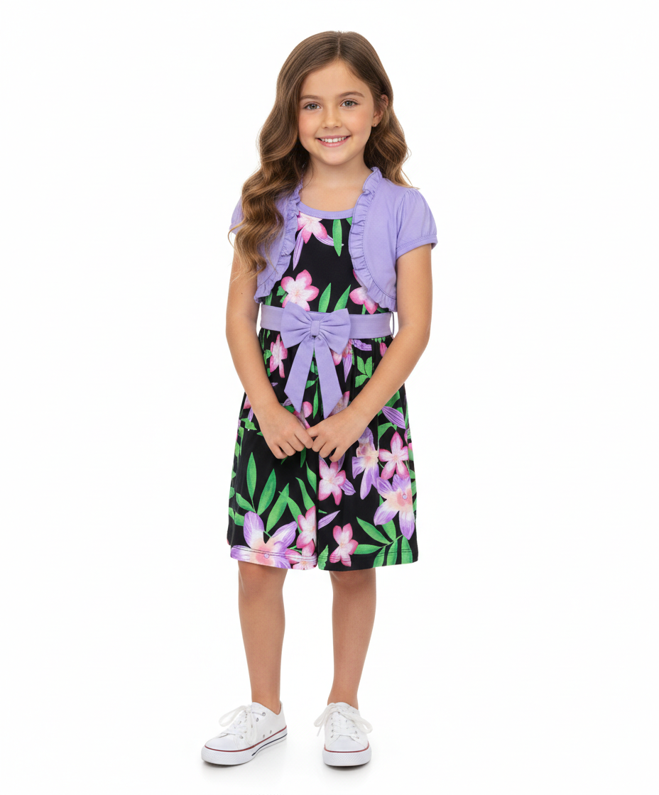Cotton Tropical Dress with Removable Cardigan Black Lilac DR2238