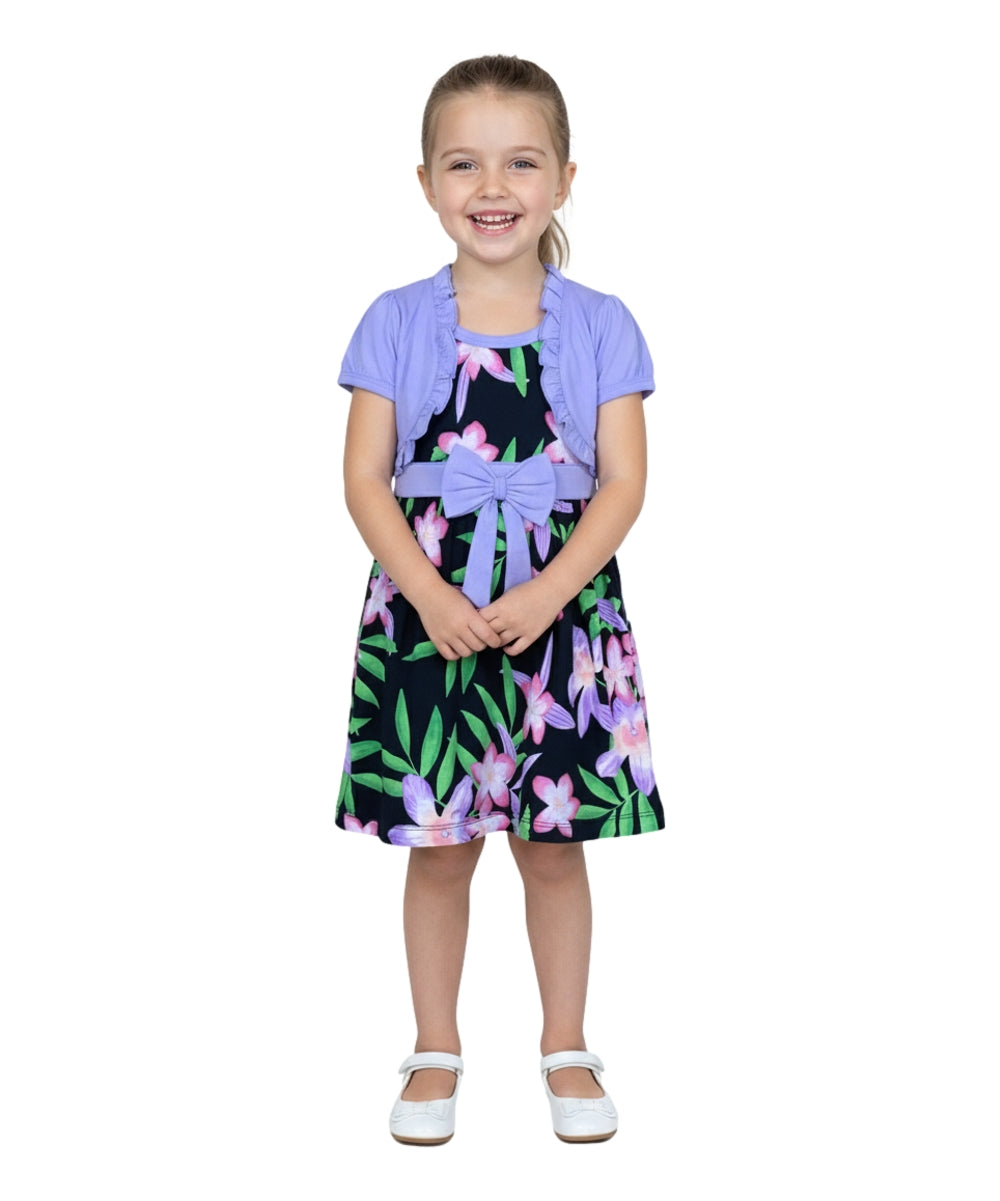 Cotton Tropical Dress with Removable Cardigan Black Lilac DR2238