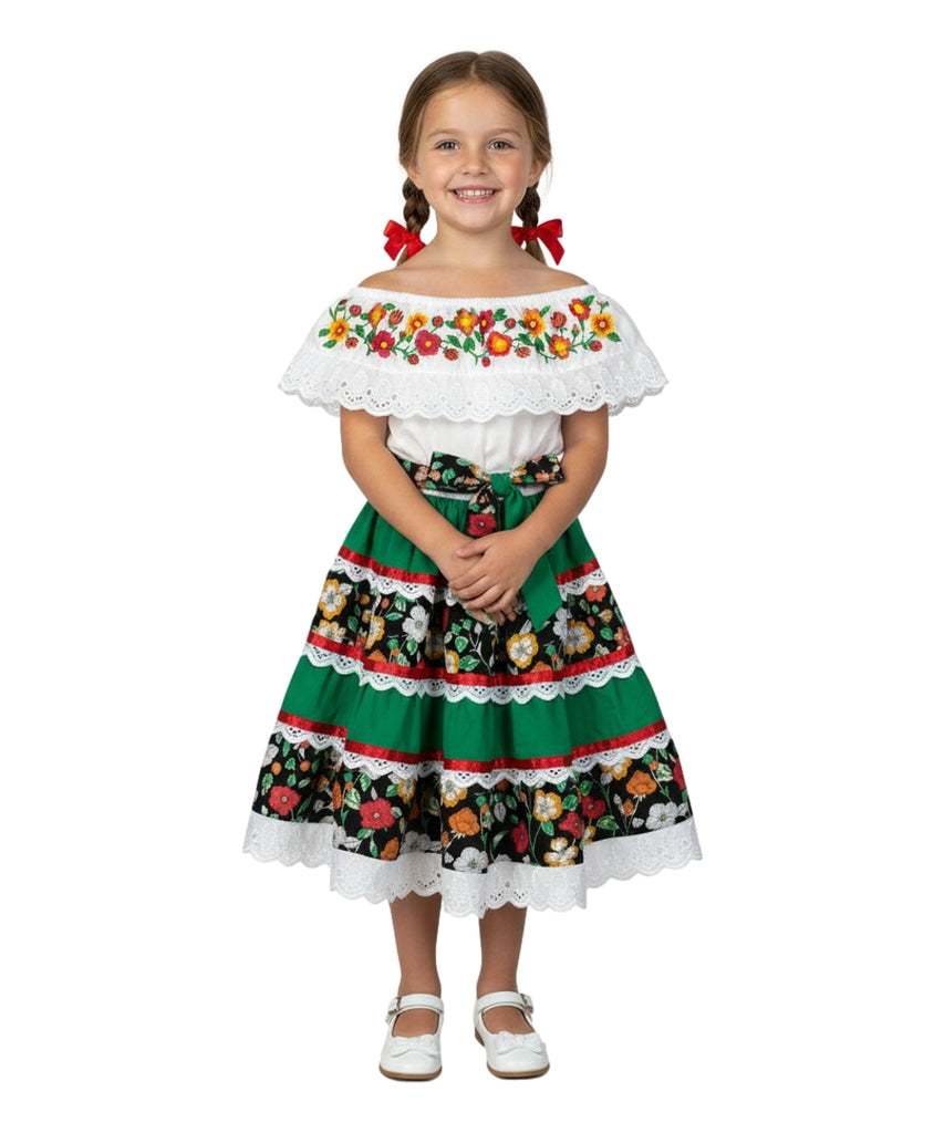 Girls’ Mexican Traditional Floral Dress with Lace and Embroidery Green DR2455