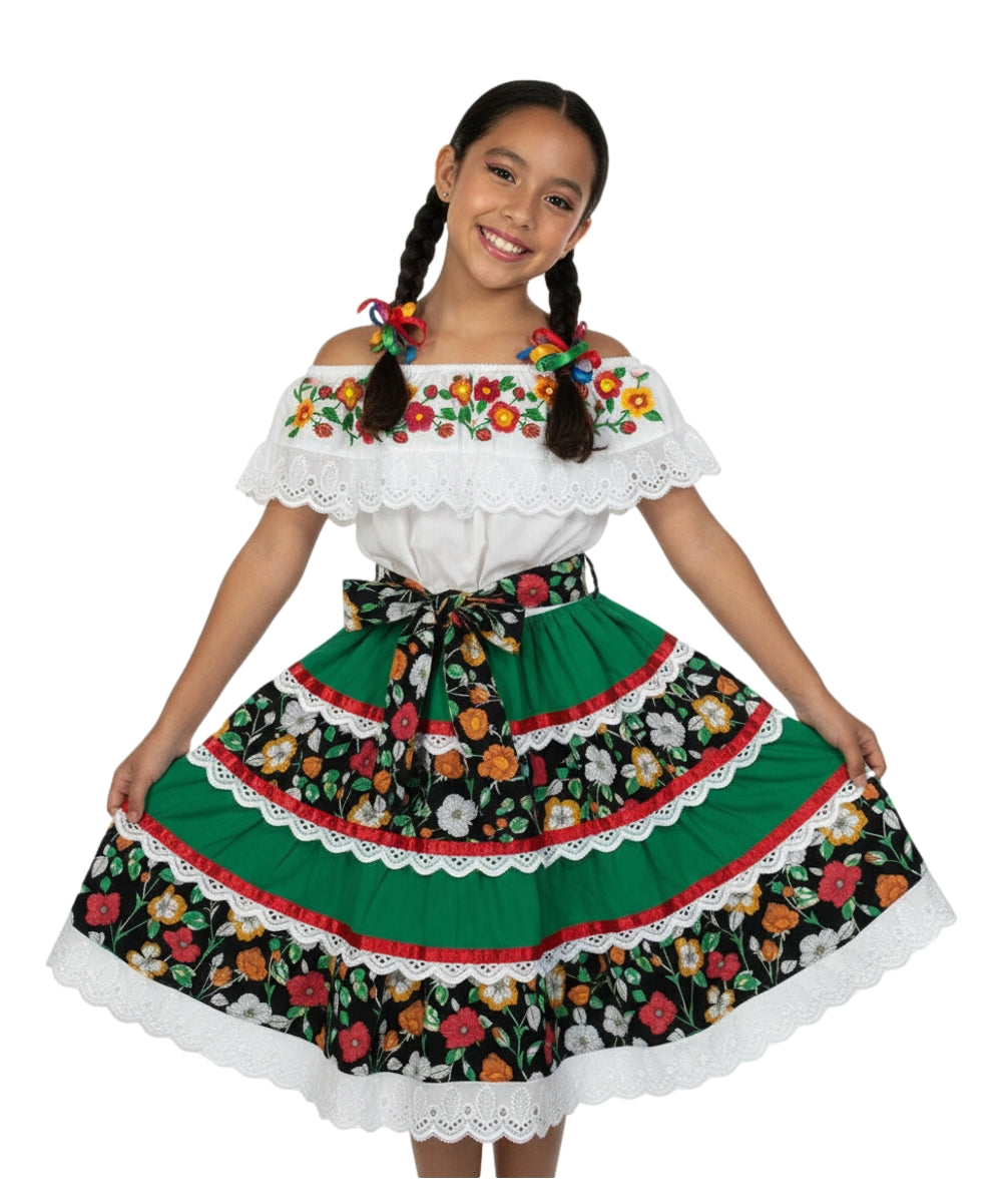 Girls' Mexican Traditional Floral Dress with Lace and Embroidery Royal – unik Retail