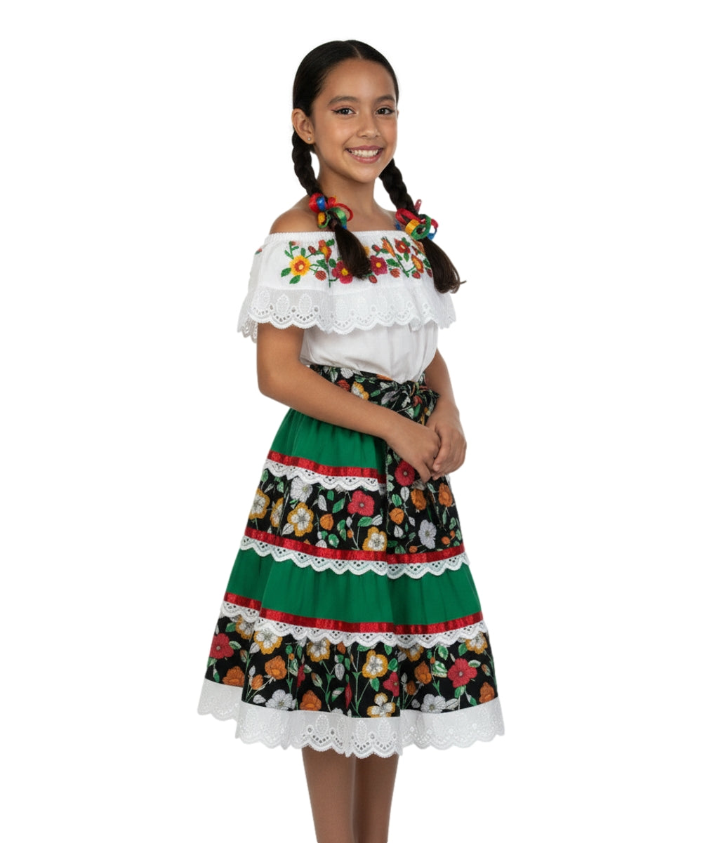 Girls’ Mexican Traditional Floral Dress with Lace and Embroidery Royal DR2455