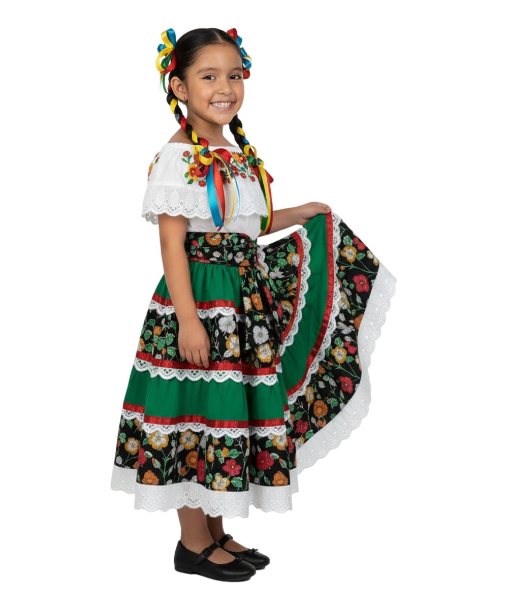 Girls’ Mexican Traditional Floral Dress with Lace and Embroidery Green DR2455