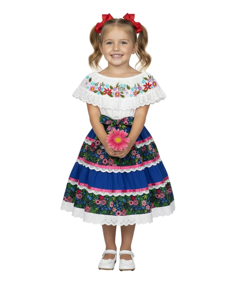 Girls’ Mexican Traditional Floral Dress with Lace and Embroidery Yellow DR2455