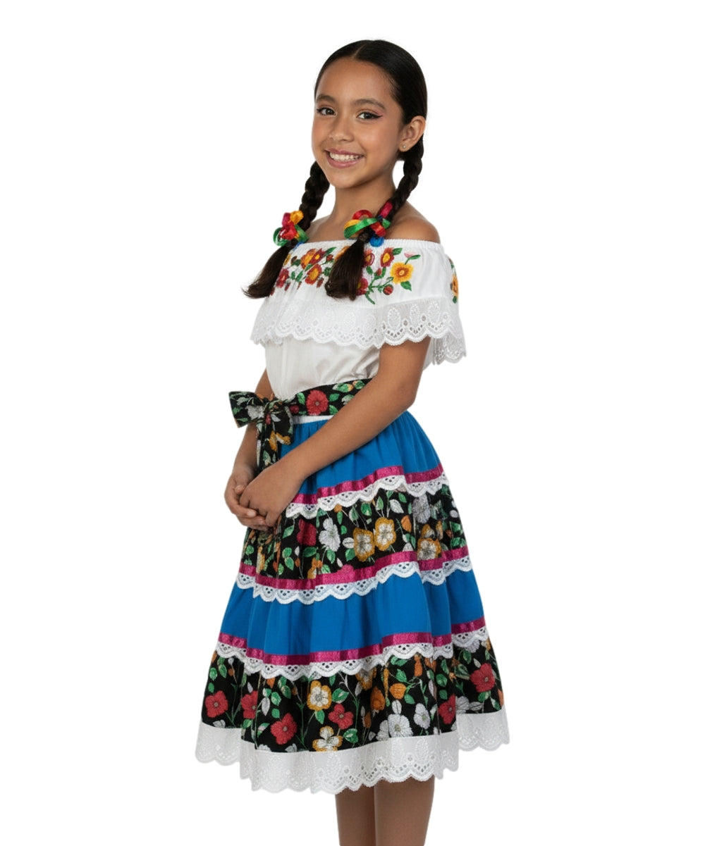 Girls’ Mexican Traditional Floral Dress with Lace and Embroidery Royal DR2455