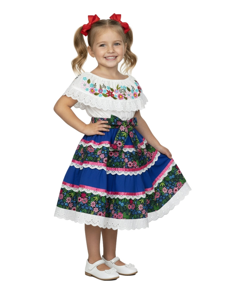 Girls’ Mexican Traditional Floral Dress with Lace and Embroidery Royal DR2455