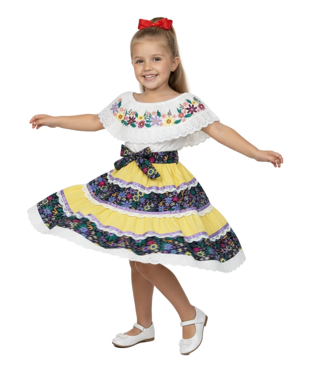 Girls’ Mexican Traditional Floral Dress with Lace and Embroidery Yellow DR2455