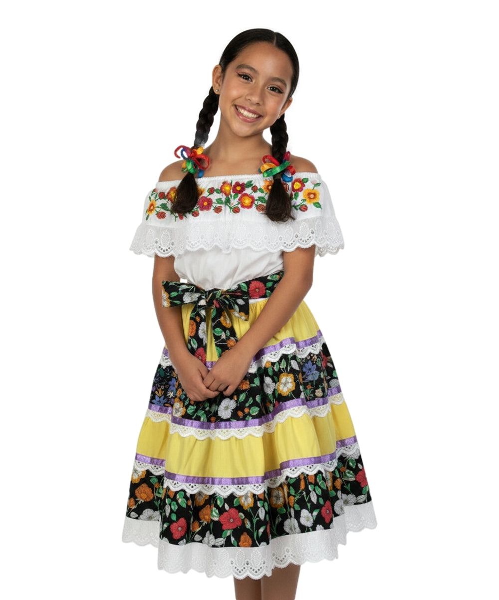 Girls’ Mexican Traditional Floral Dress with Lace and Embroidery Yellow DR2455