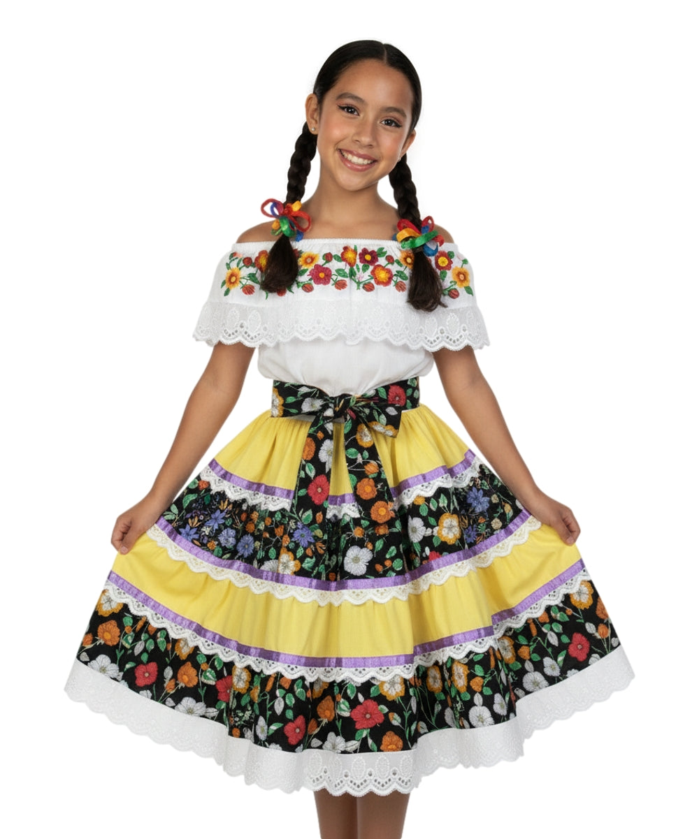 Girls’ Mexican Traditional Floral Dress with Lace and Embroidery Yellow DR2455