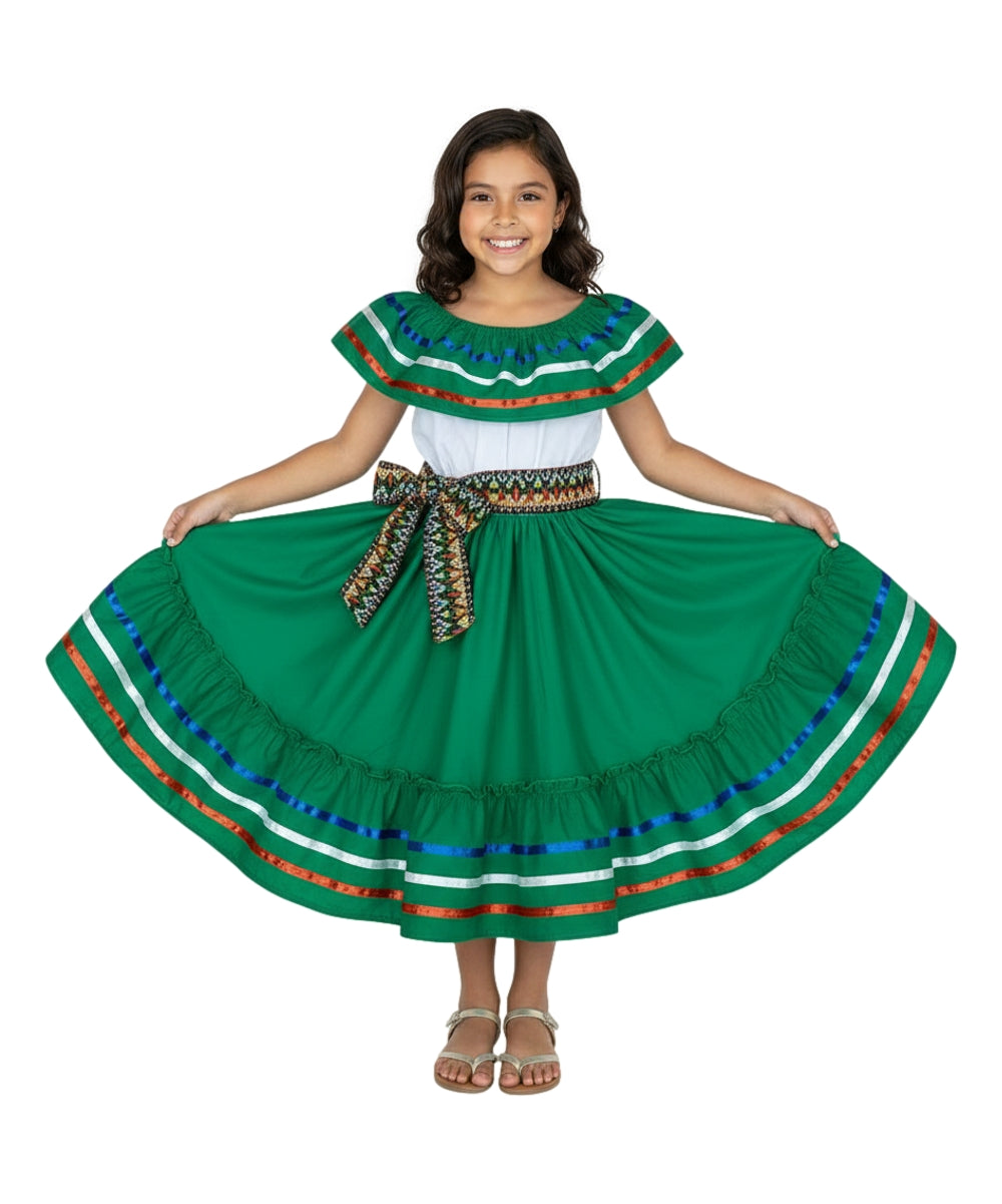 Girls Traditional Mexican Folkloric Dress with Colorful Ribbon Trim Black Pink DR2031