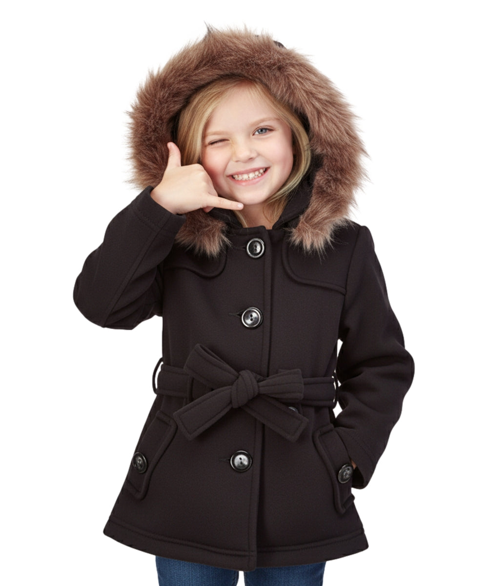 Girl Fleece Coat With Removable Fur Hood Black GJ15108