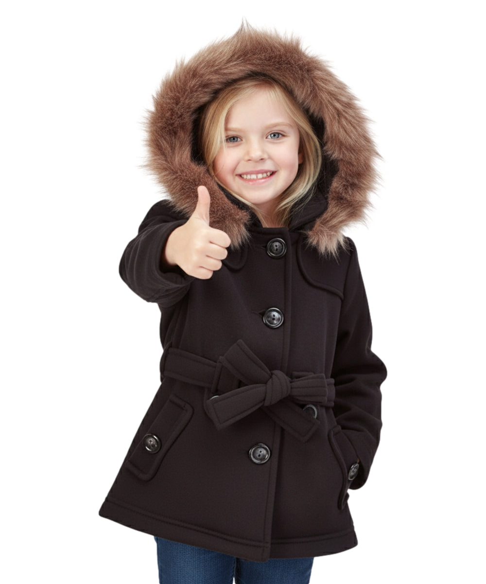 Girl Fleece Coat With Removable Fur Hood Black GJ15108