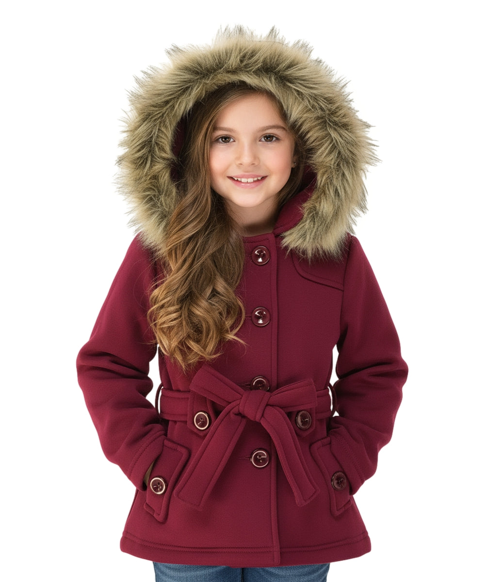 Girl Fleece Coat With Removable Fur Hood Burgundy GJ15108
