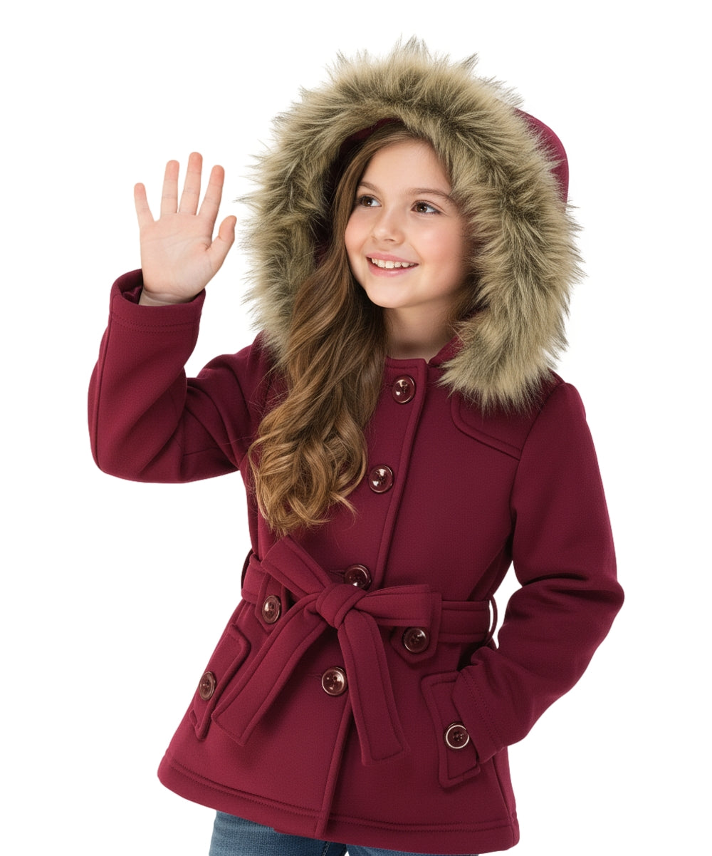Girl Fleece Coat With Removable Fur Hood Burgundy GJ15108