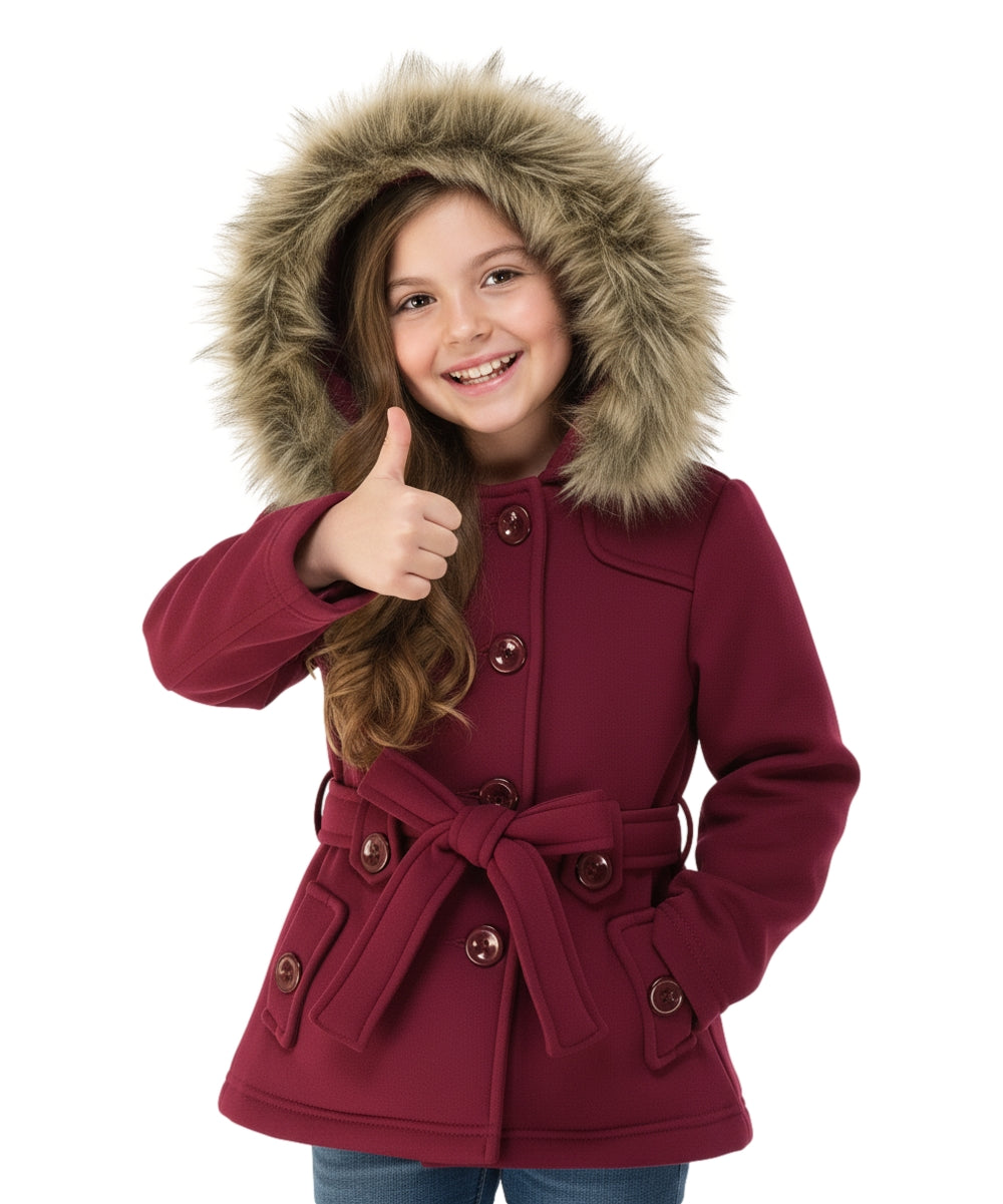 Girl Fleece Coat With Removable Fur Hood Burgundy GJ15108