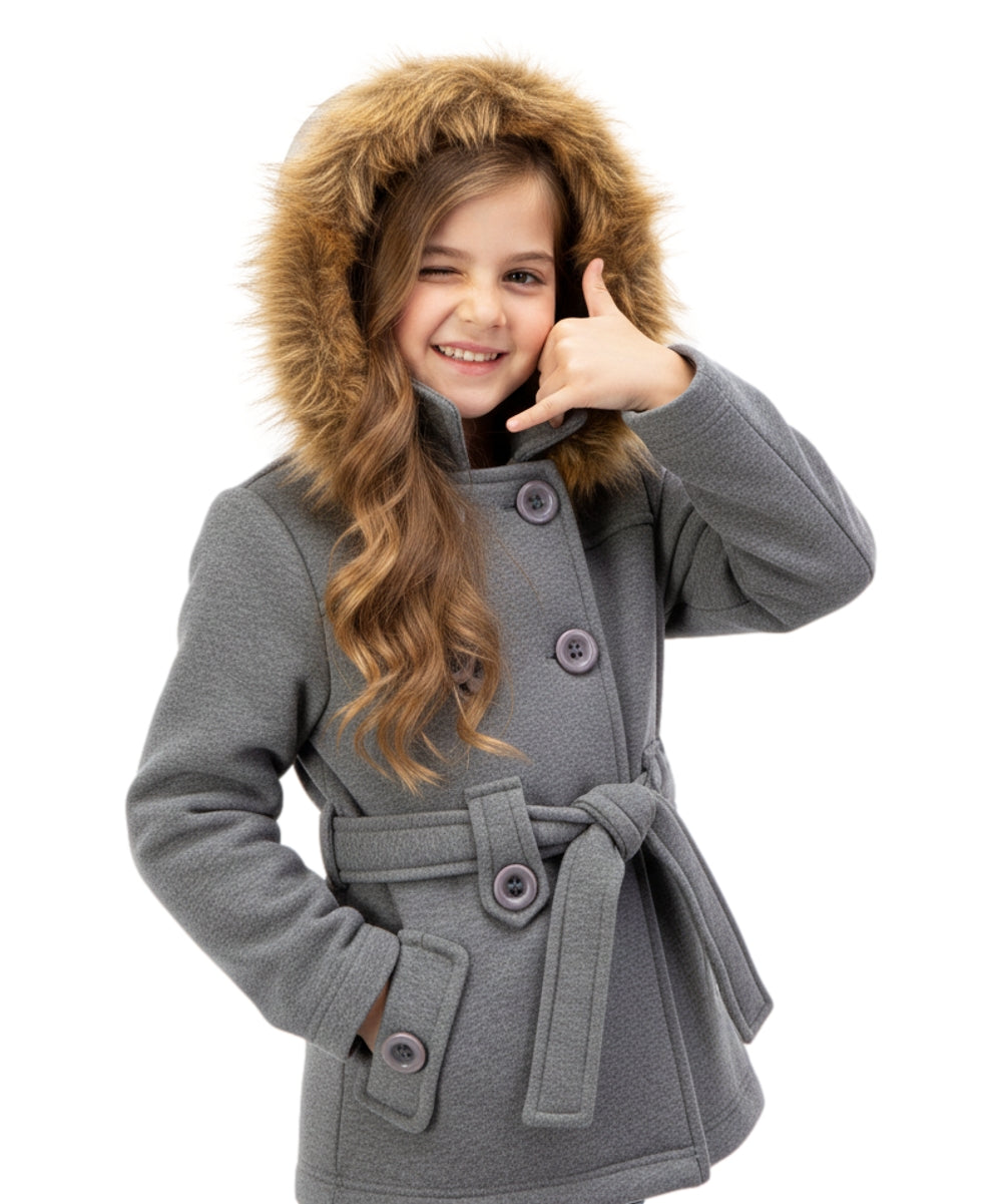 Girl Fleece Coat With Removable Fur Hood DGrey GJ15108