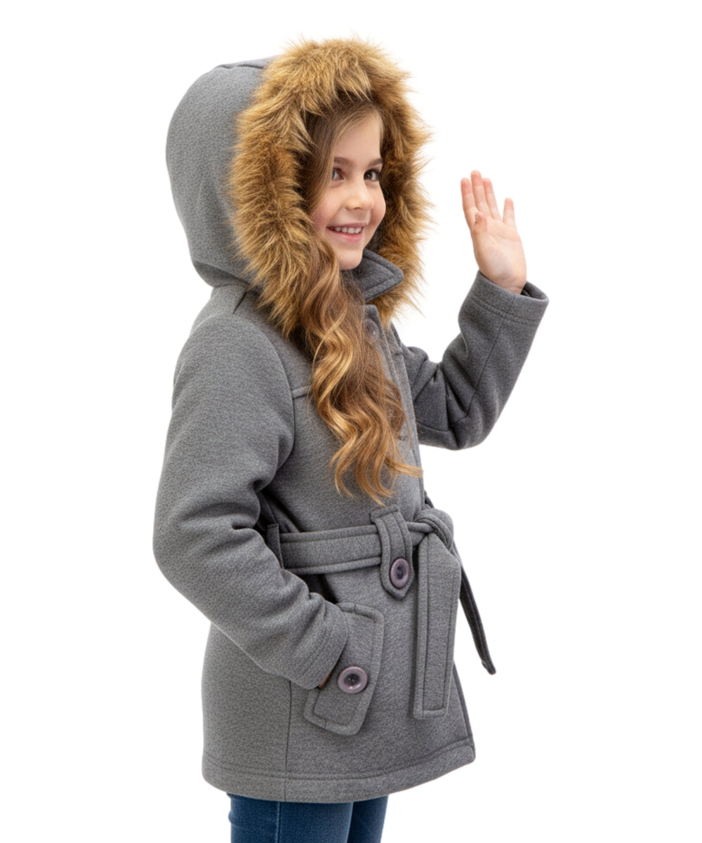 Girl Fleece Coat With Removable Fur Hood DGrey GJ15108