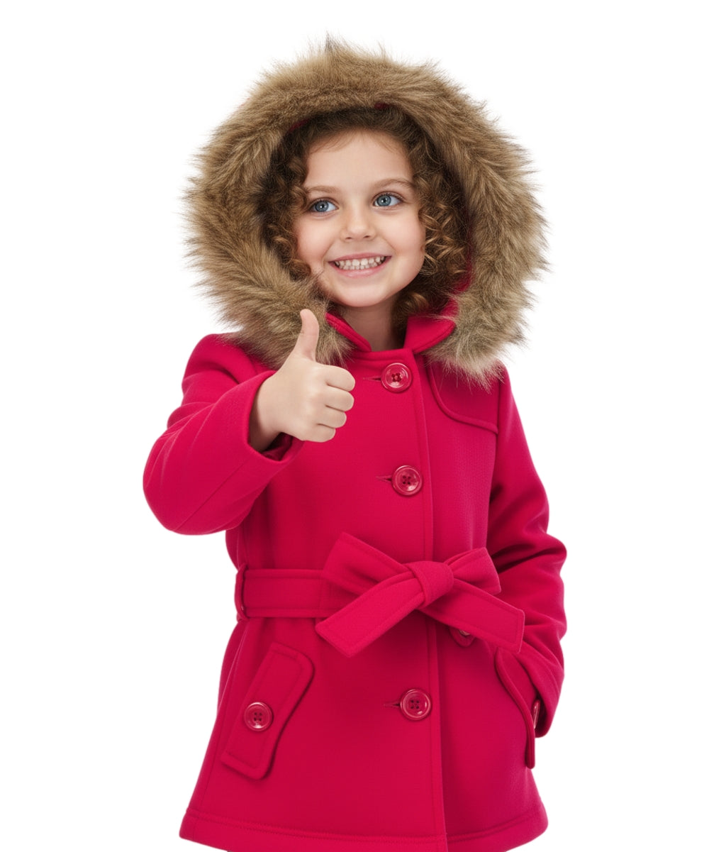 Girl Fleece Coat With Removable Fur Hood Fuchsia GJ15108
