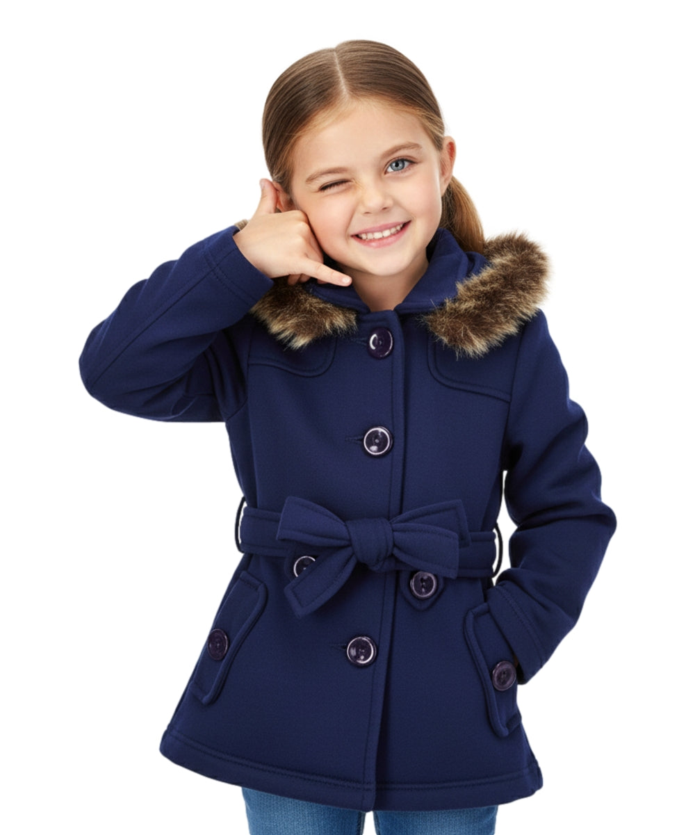 Girl Fleece Coat With Removable Fur Hood Navy GJ15108