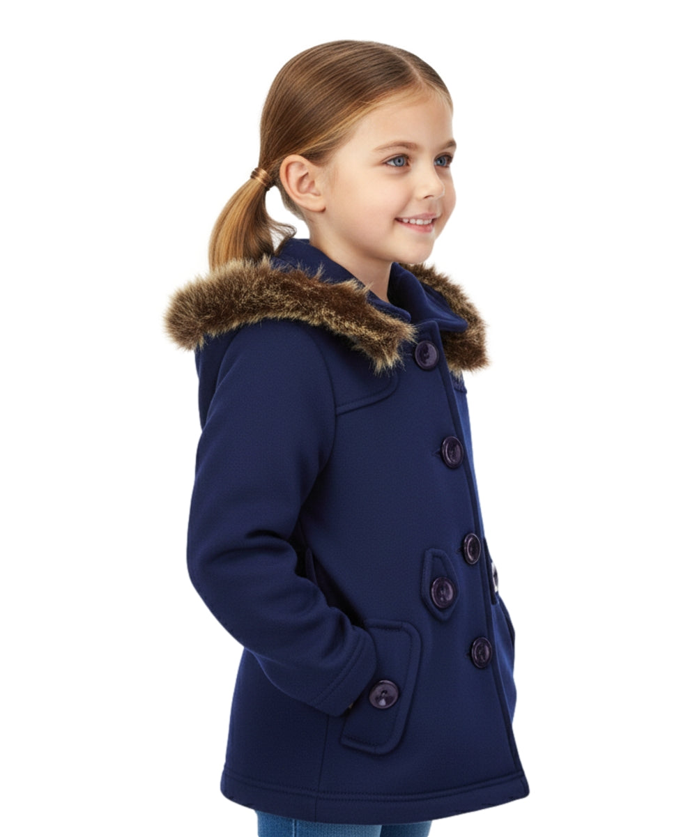 Girl Fleece Coat With Removable Fur Hood Navy GJ15108