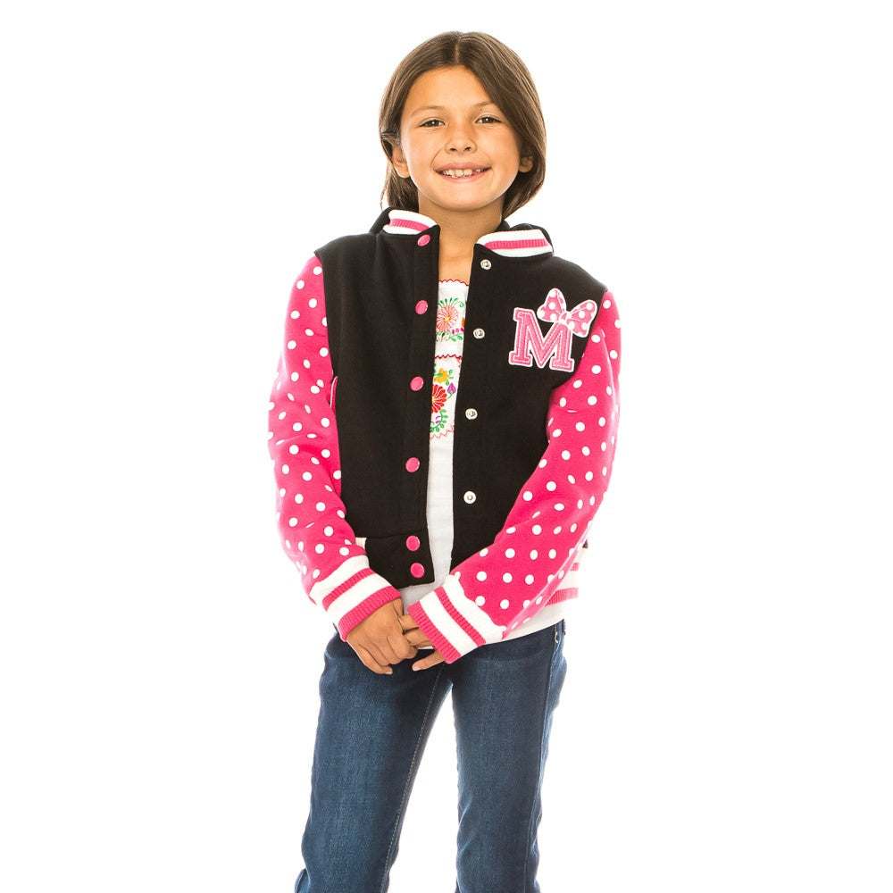 Girl Varsity Jacket With Polka Dots Printed Sleeves Pink GJ16117