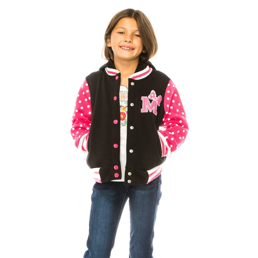 Girl Varsity Jacket With Polka Dots Printed Sleeves Pink GJ16117