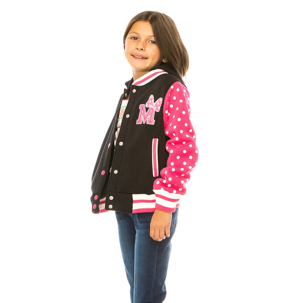 Girl Varsity Jacket With Polka Dots Printed Sleeves Pink GJ16117