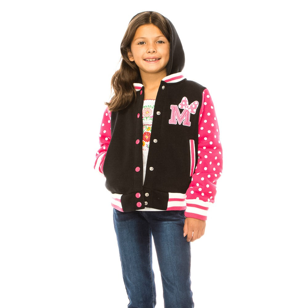 Girl Varsity Jacket With Polka Dots Printed Sleeves Pink GJ16117