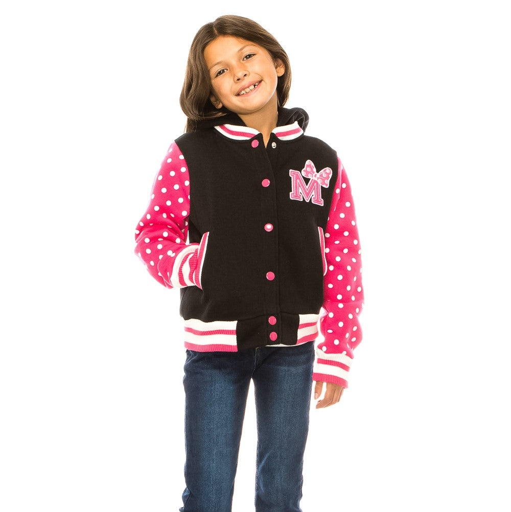 Girl Varsity Jacket With Polka Dots Printed Sleeves Pink GJ16117