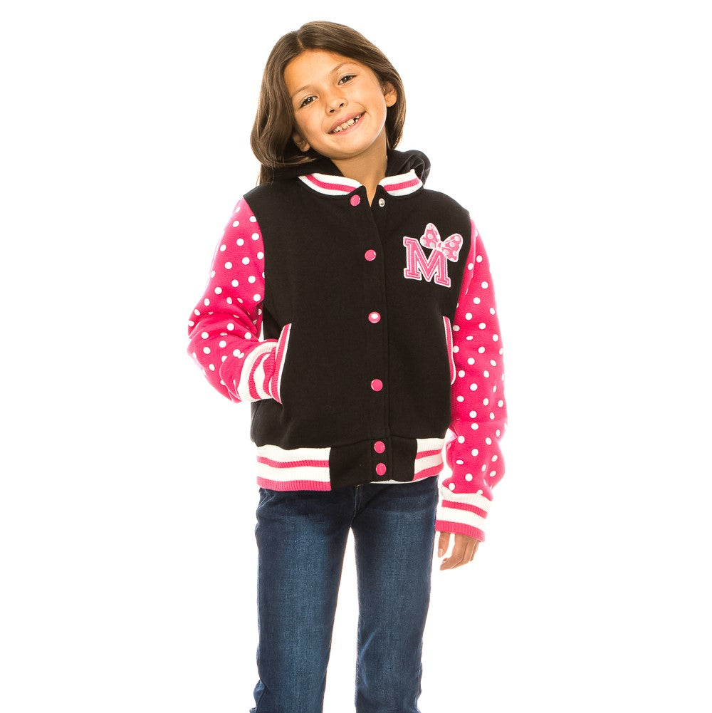 Girl Varsity Jacket With Polka Dots Printed Sleeves Pink GJ16117