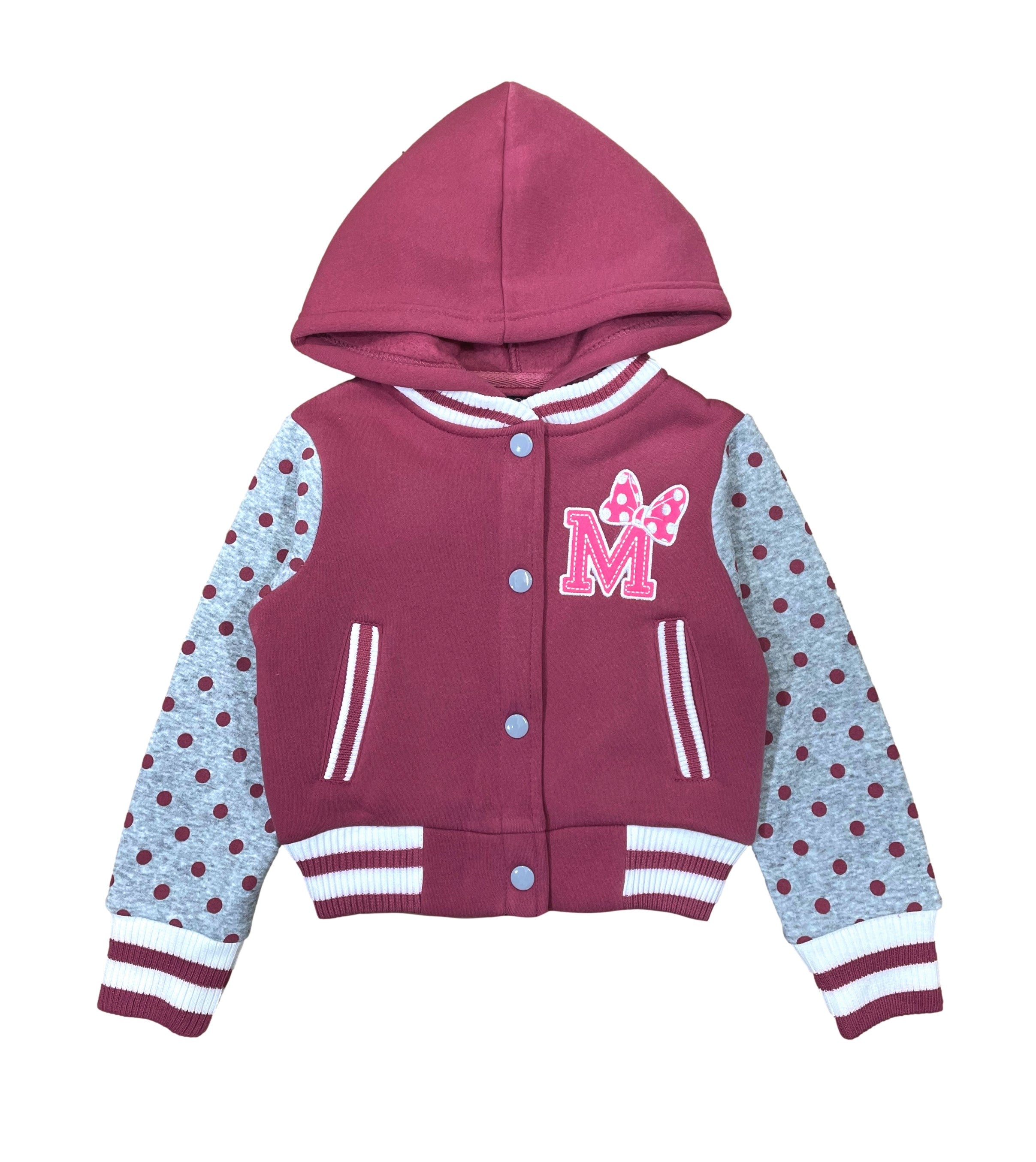 Girl Varsity Jacket With Polka Dots Printed Sleeves Pink GJ16117