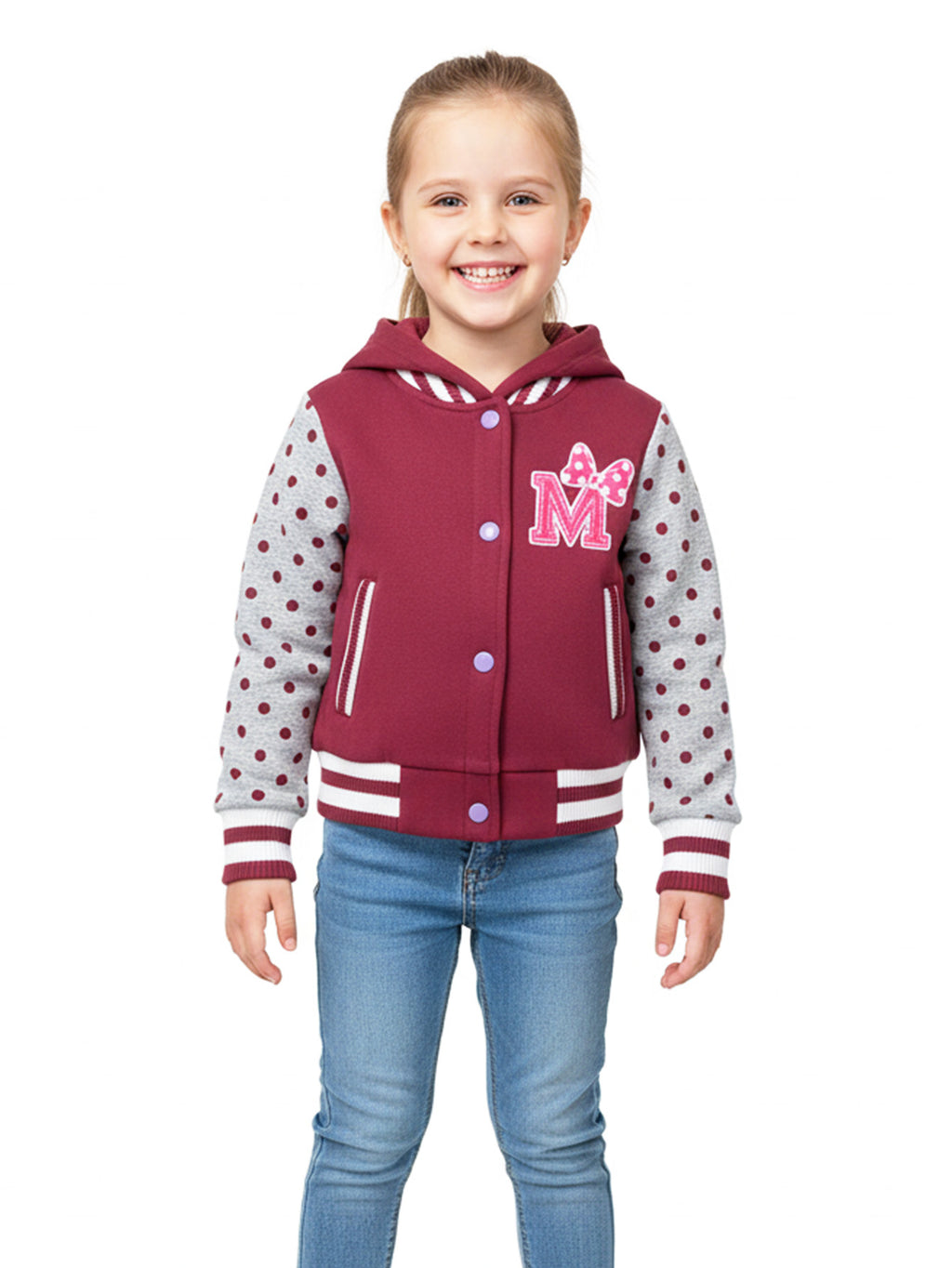 Girl Varsity Jacket With Polka Dots Printed Sleeves Plum GJ16117