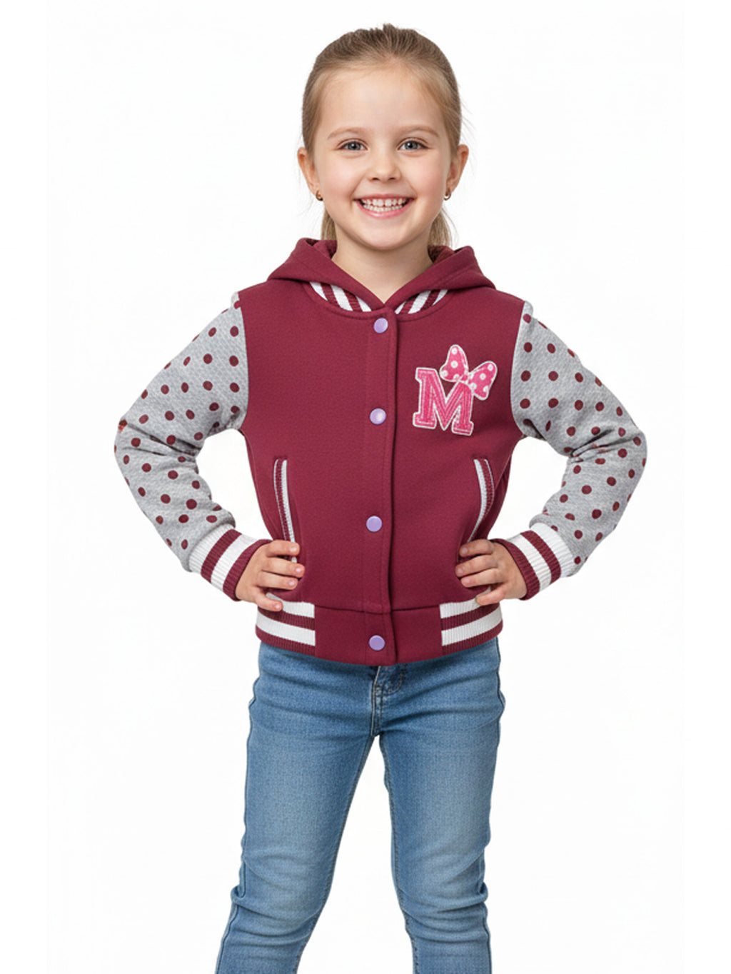 Girl Varsity Jacket With Polka Dots Printed Sleeves Plum GJ16117