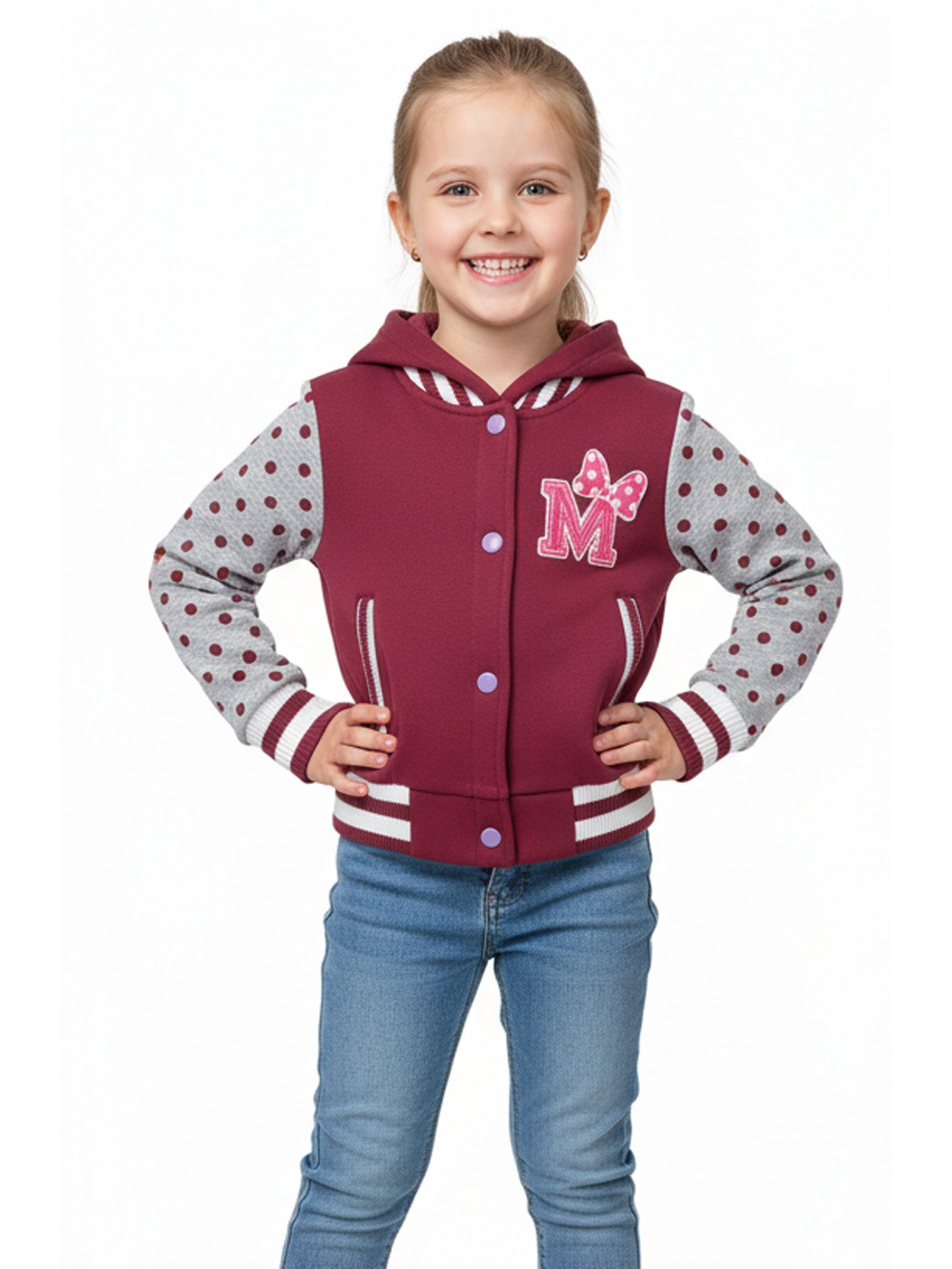 Girl Varsity Jacket With Polka Dots Printed Sleeves Plum GJ16117
