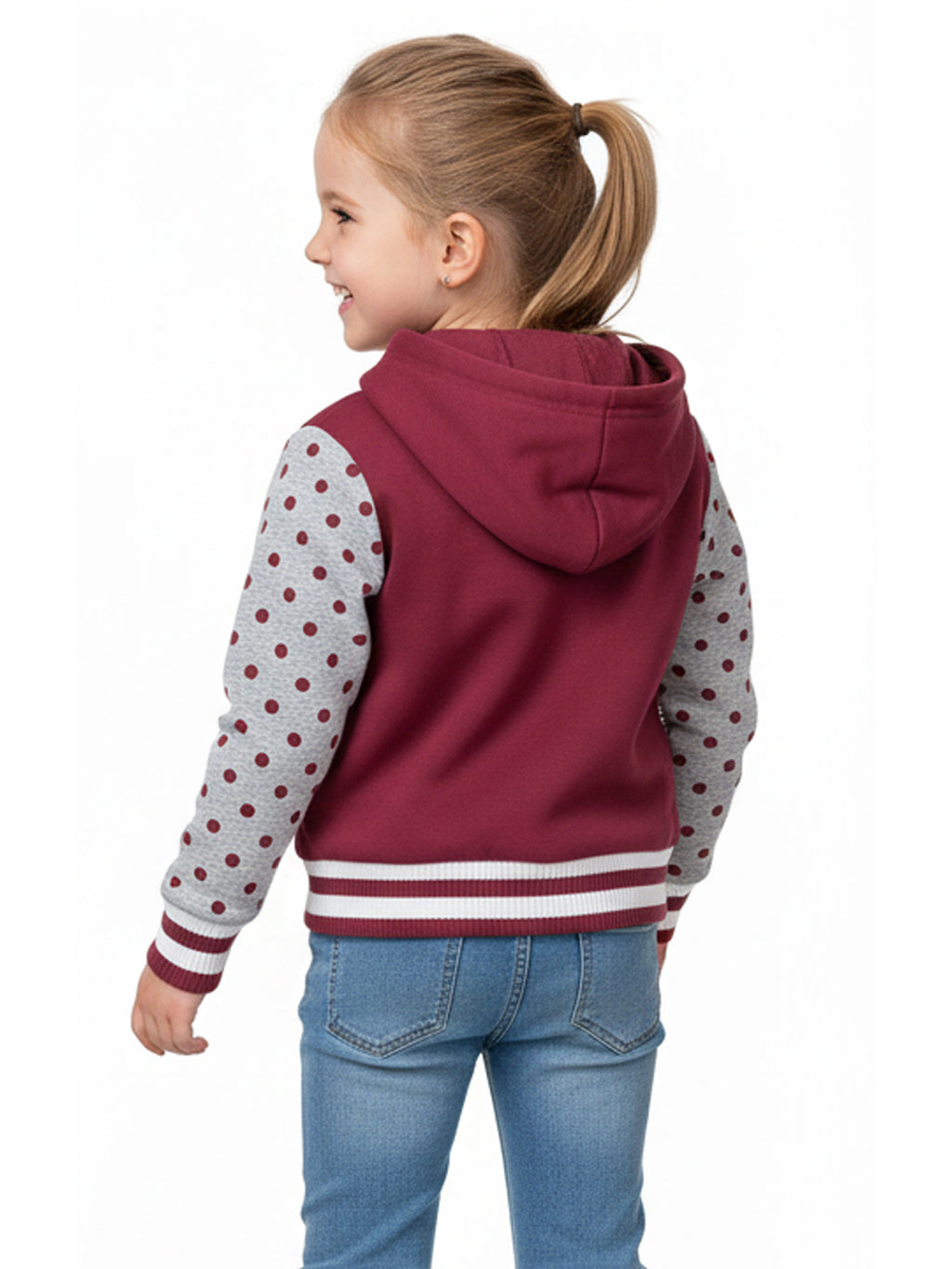 Girl Varsity Jacket With Polka Dots Printed Sleeves Plum GJ16117