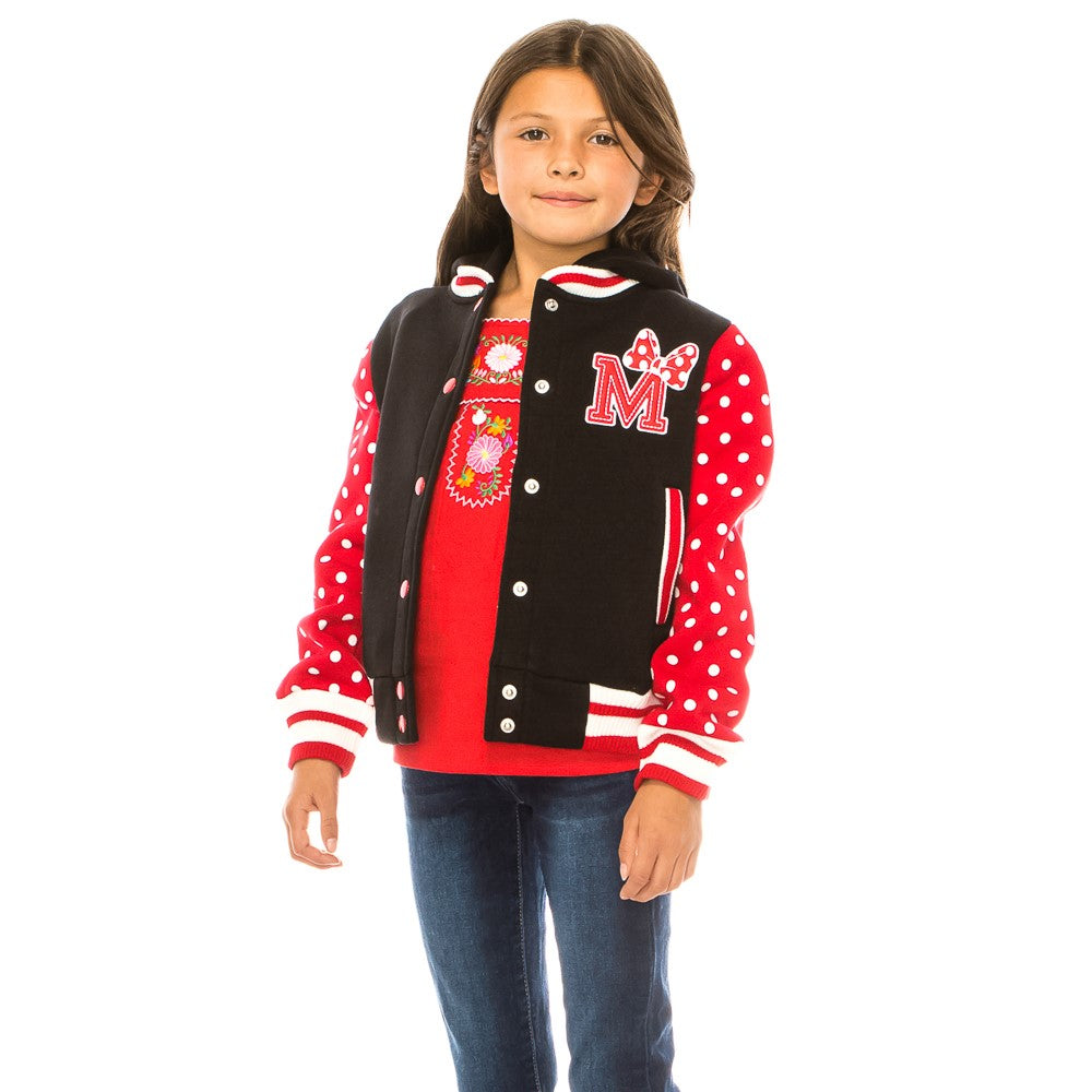Girl Varsity Jacket With Polka Dots Printed Sleeves Red GJ16117