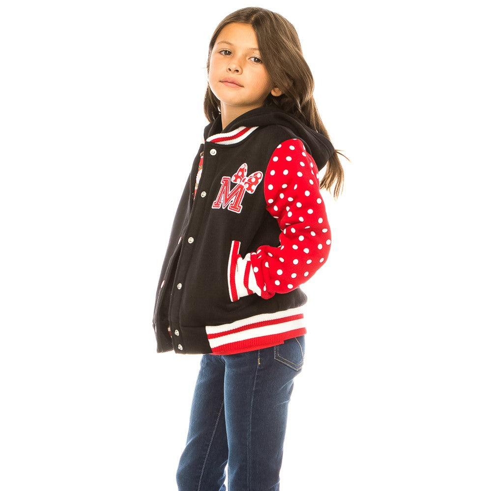 Girl Varsity Jacket With Polka Dots Printed Sleeves Red GJ16117