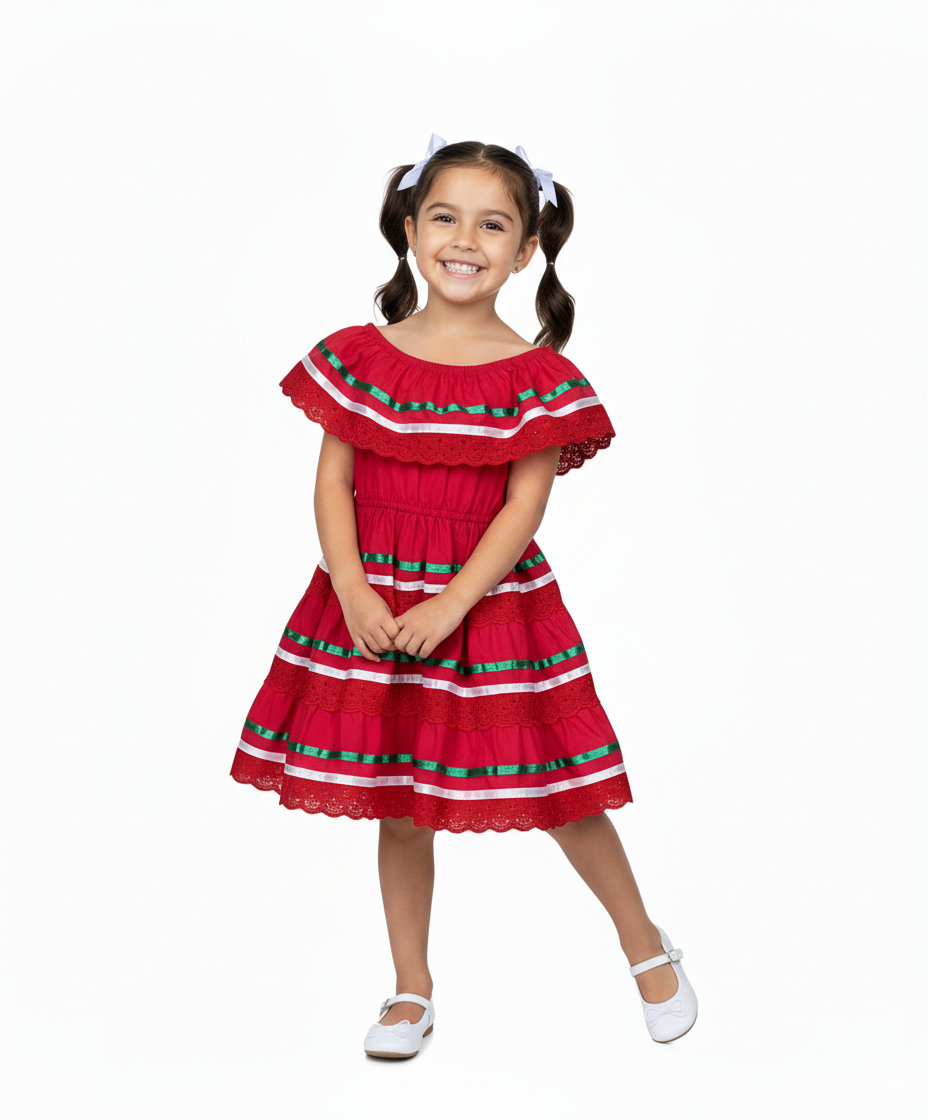 Girl's Traditional Mexican Cinco De Mayo Fiesta Dress Red/Green DR1949