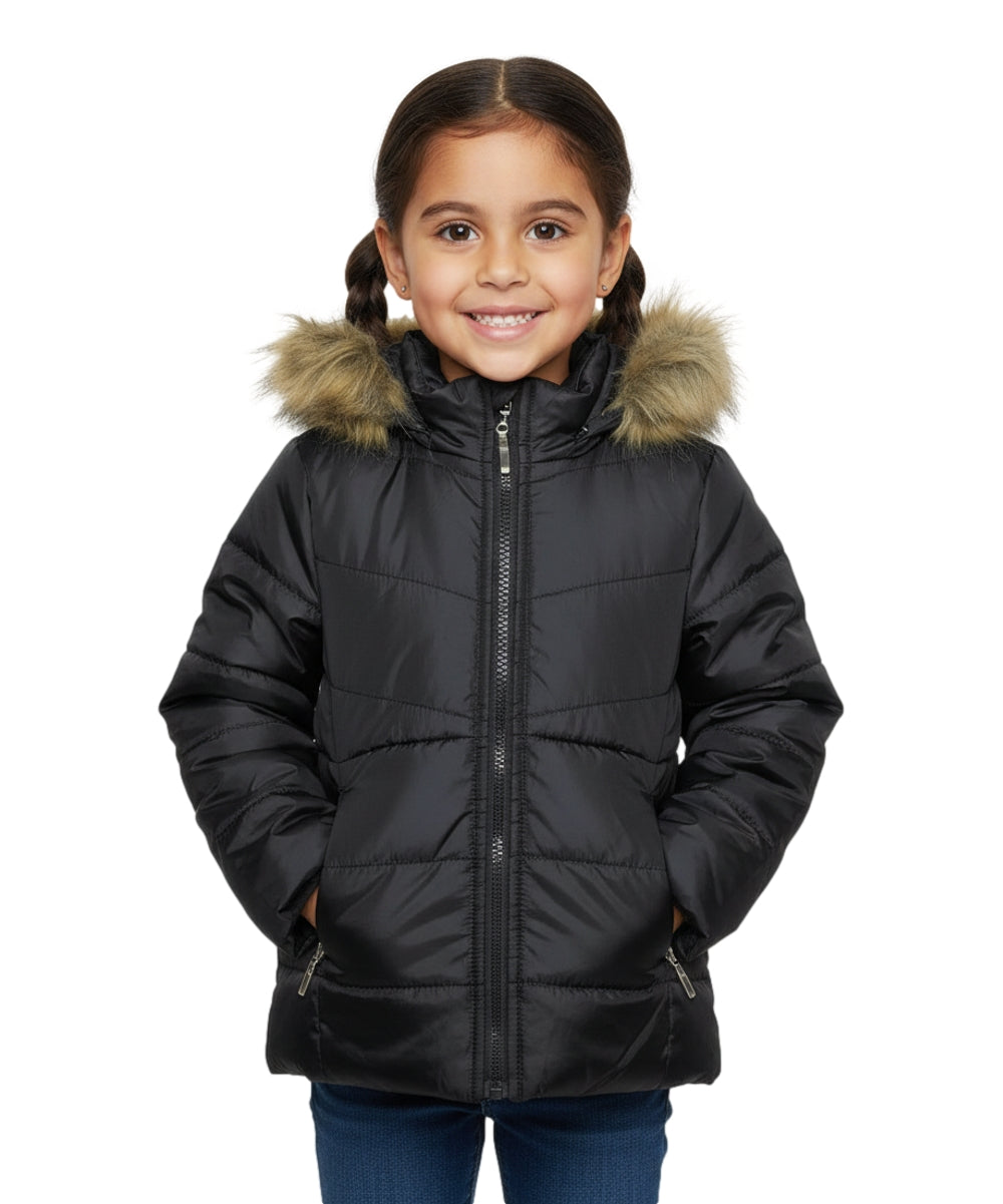 Girl's Zipper Hooded Puffer Jacket With Fur Black GJ2088