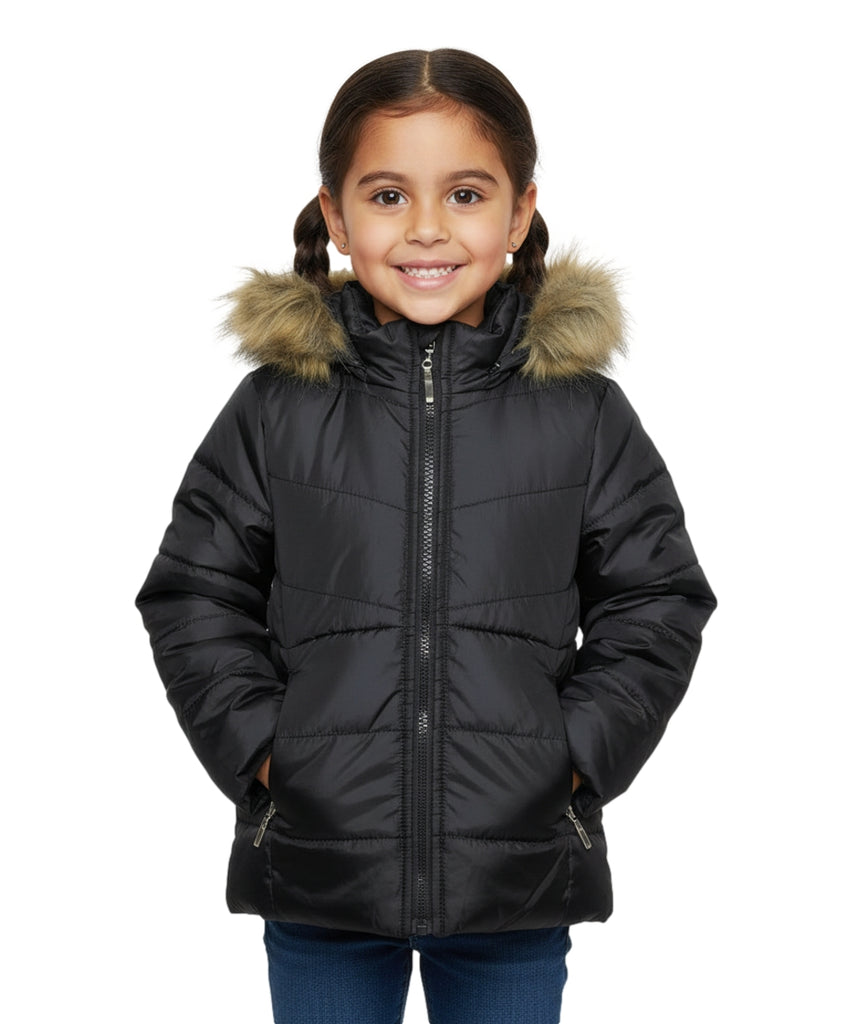 Girl's Zipper Hooded Puffer Jacket With Fur Black GJ2088