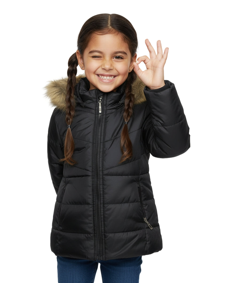Girl's Zipper Hooded Puffer Jacket With Fur Black GJ2088