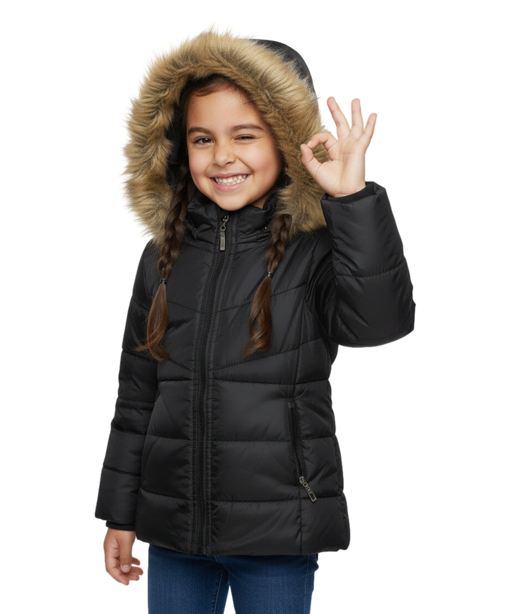 Girl's Zipper Hooded Puffer Jacket With Fur Black GJ2088