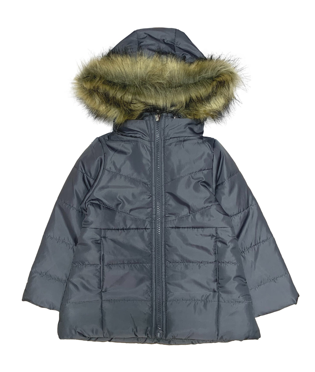 Girl's Zipper Hooded Puffer Jacket With Fur Grey GJ2088