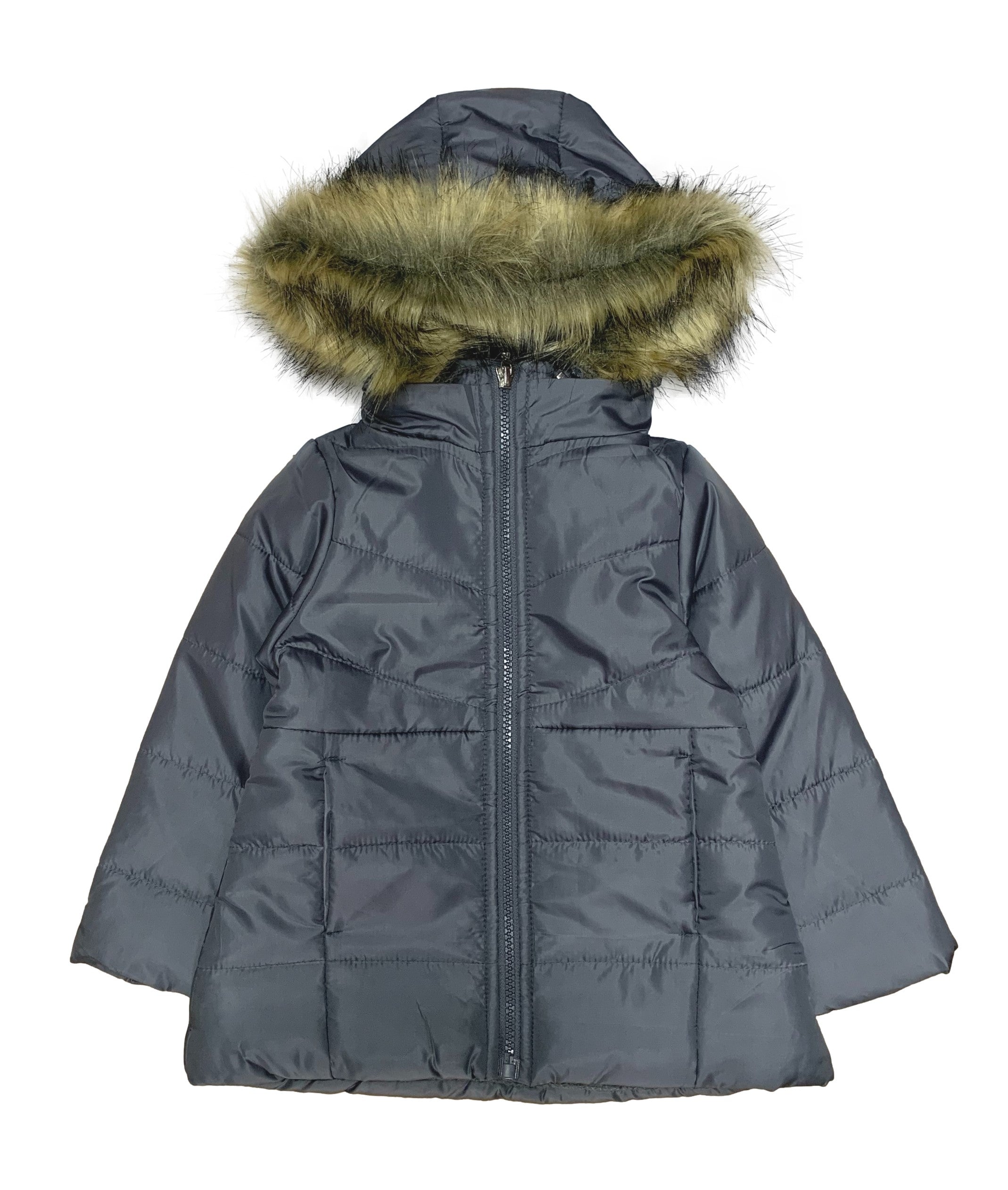Girl's Zipper Hooded Puffer Jacket With Fur Black GJ2088