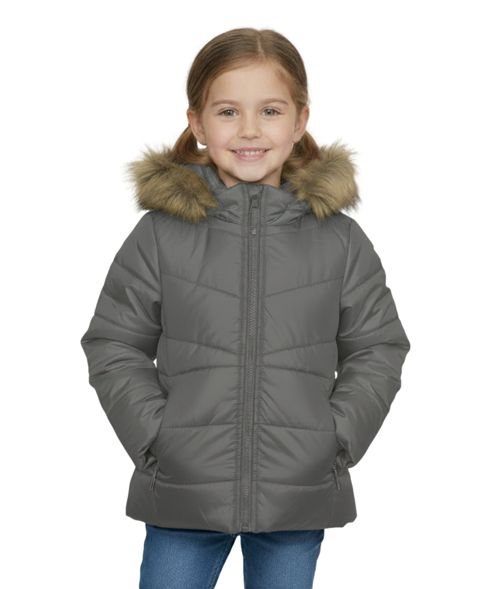 Girl's Zipper Hooded Puffer Jacket With Fur Grey GJ2088
