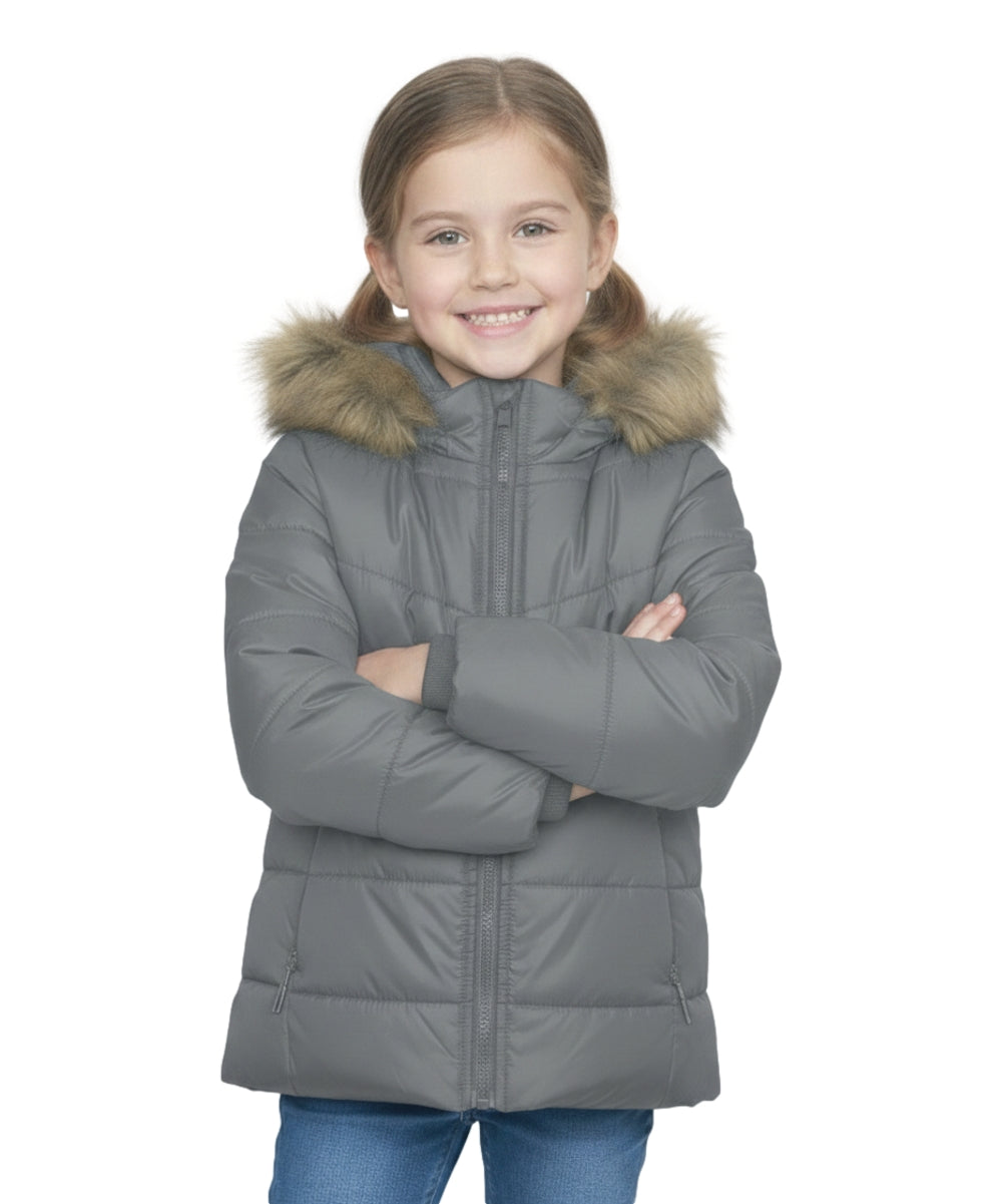 Girl's Zipper Hooded Puffer Jacket With Fur Grey GJ2088