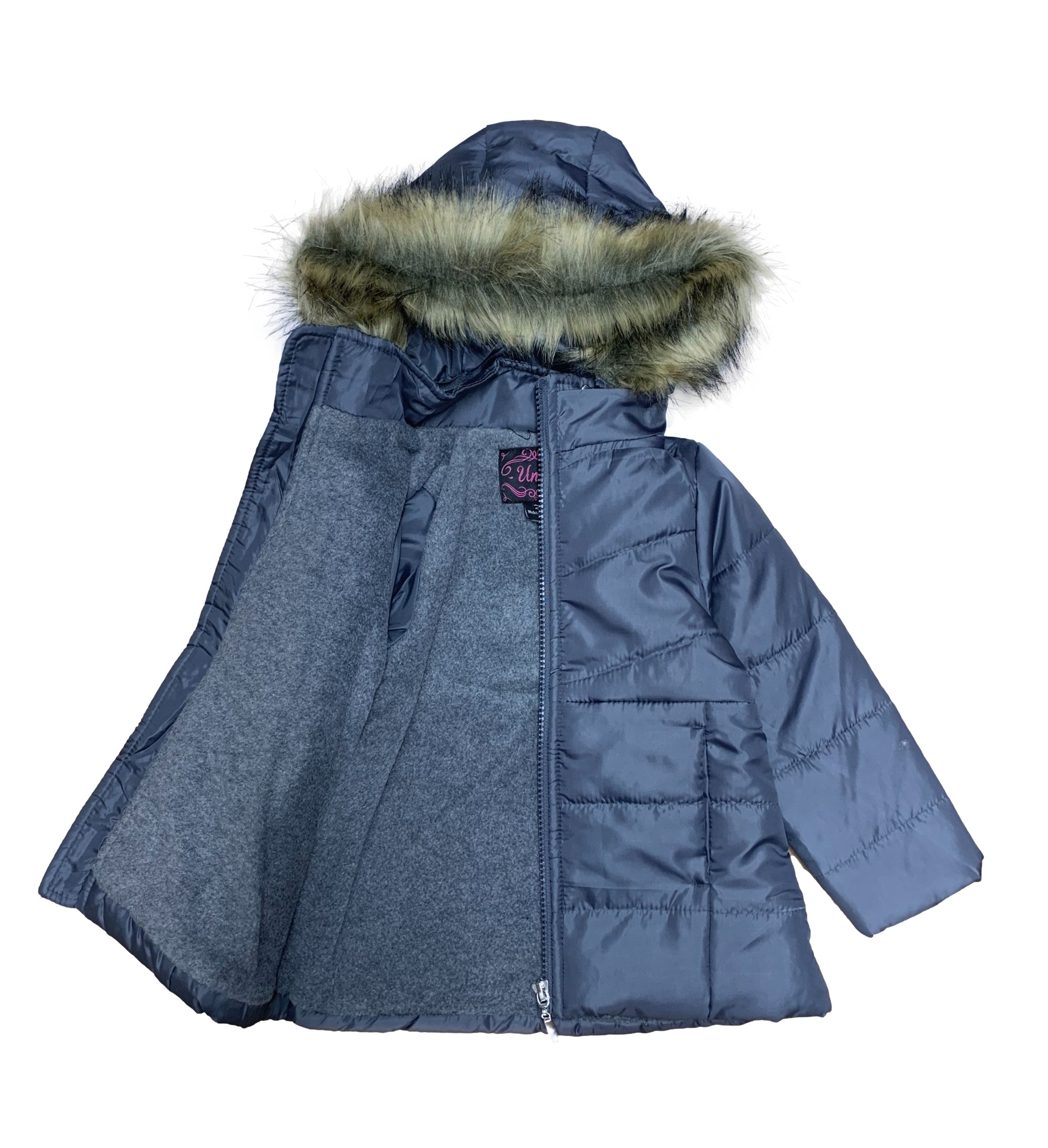 Girl's Zipper Hooded Puffer Jacket With Fur Grey GJ2088