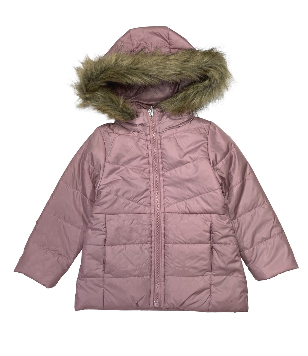 Girl's Zipper Hooded Puffer Jacket With Fur Grey GJ2088