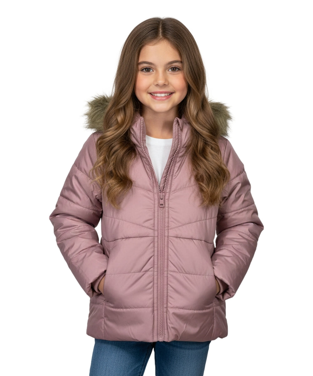 Girl's Zipper Hooded Puffer Jacket With Fur Mauve GJ2088
