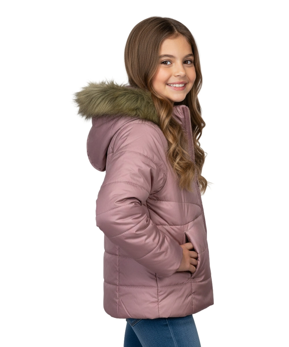 Girl's Zipper Hooded Puffer Jacket With Fur Mauve GJ2088