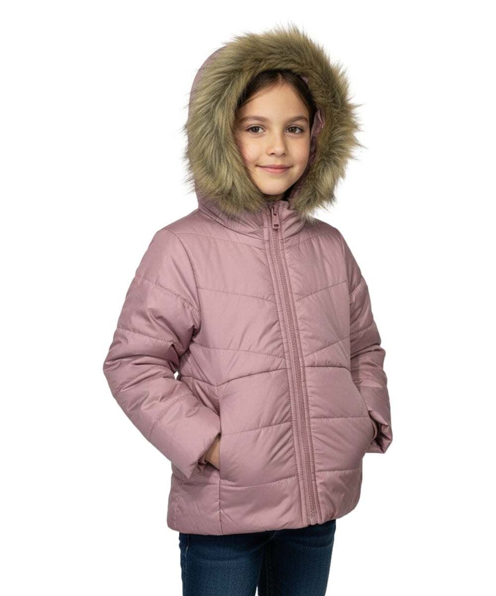 Girl's Zipper Hooded Puffer Jacket With Fur Mauve GJ2088
